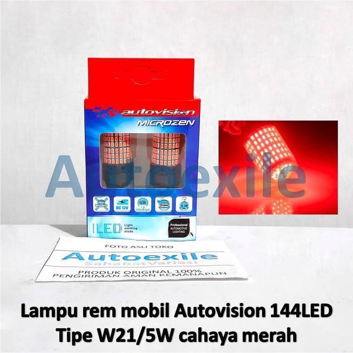 Autovision Microzen Led T20 W21/5W Red Merah 144Led 4014Smd 7443 Lampu Rem Mobil Dudukan Pipih Colok