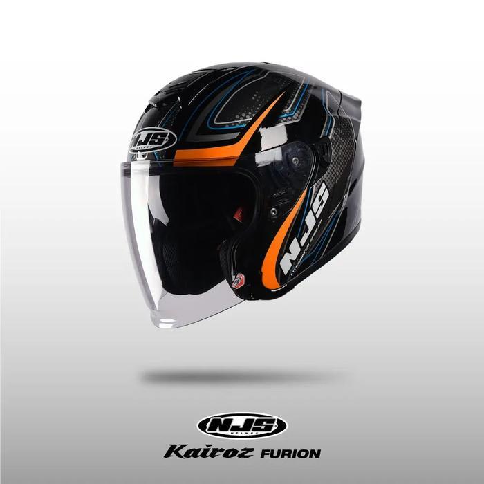 Njs Kairoz Dv Furion Hitam - Orange Fluo Gloss/Doff - Helm Half Face (Double Visor) Njs Dv Kairoz Dv