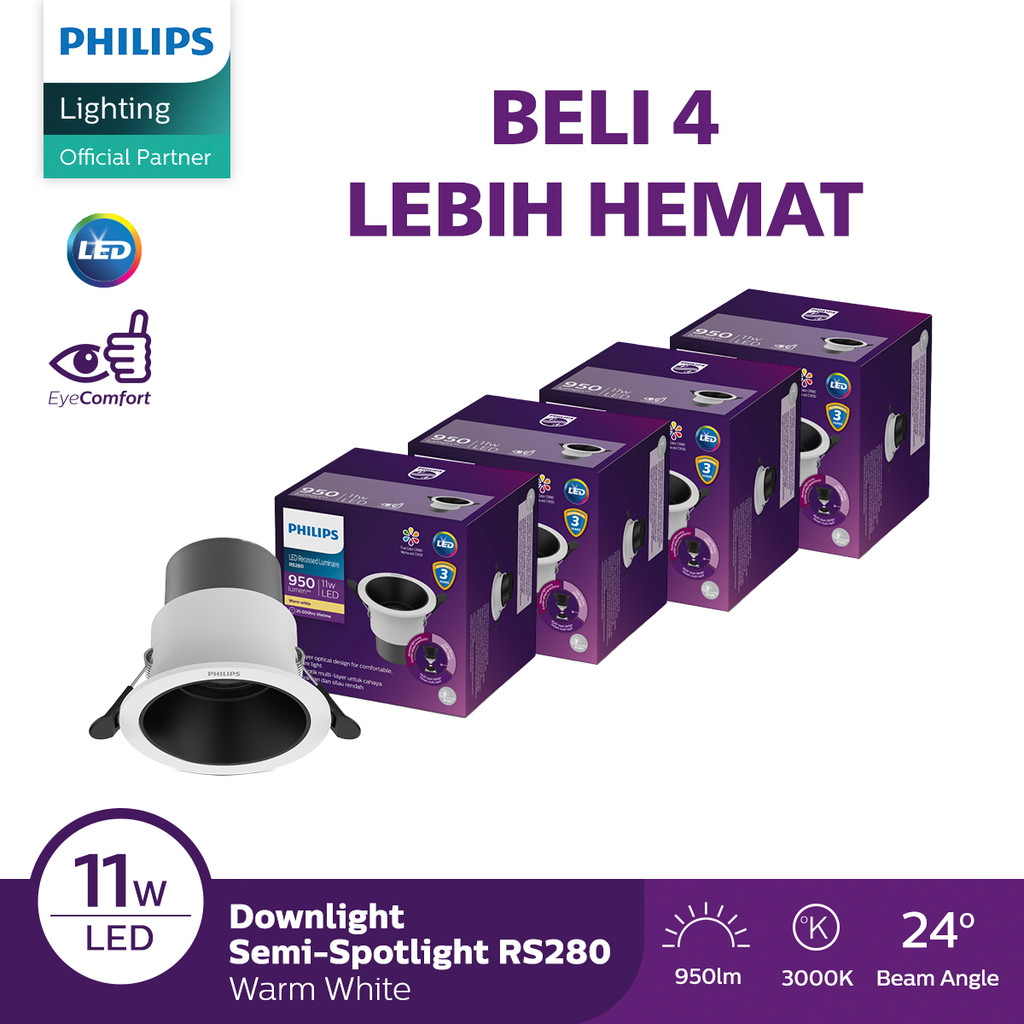 Philips Paket Beli 4 Lampu LED Semi-R Spot RS280 24D 11W 30K Kuning