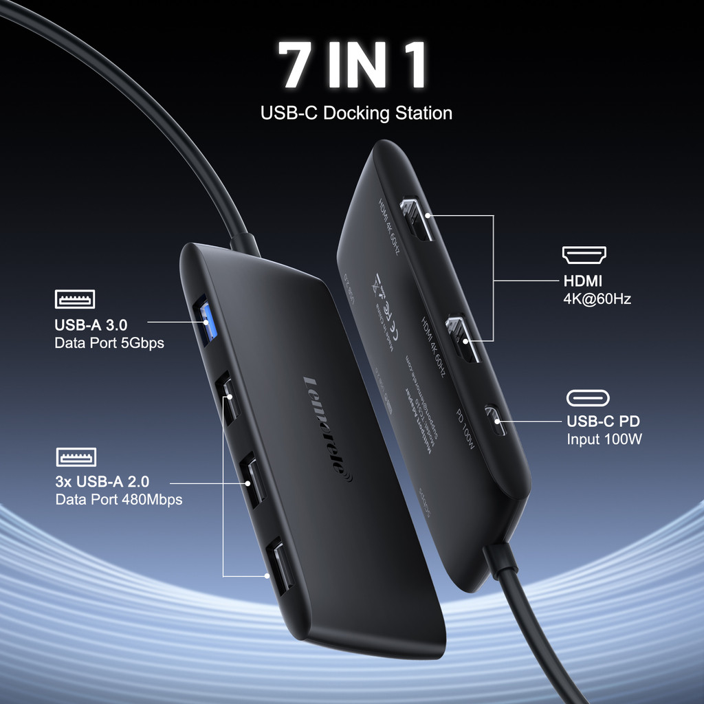 Lemorele 4K USB-C Hub 7 Ports Docking Station USB Hub Adapter USB C to Dual HDMI 4K@60Hz for Windows