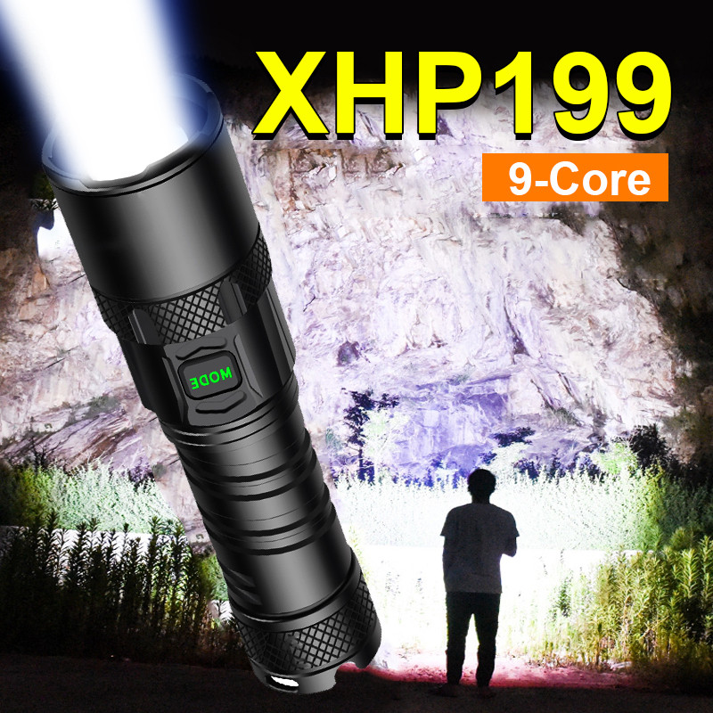 Super XHP199 Most Powerful LED Flashlight Rechargeable LED Torch Light XHP160 XHP90 High Power Flash