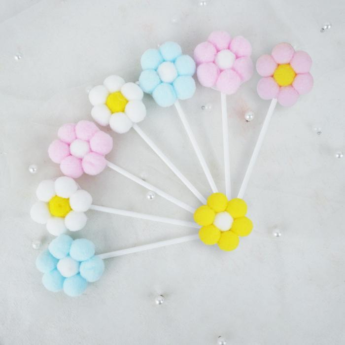 Cake Topper Bunga Warna Warni/Hiasan Kue Bunga Pom/Hiasan Kue Lucu