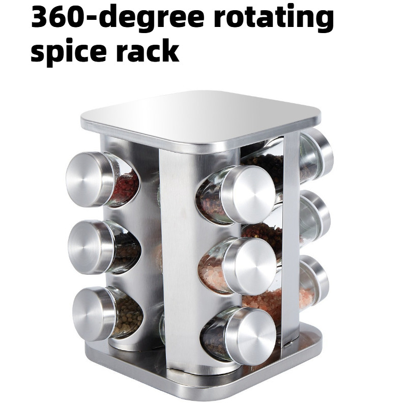 360-Degree Rotating Stainless Steel Spice Rack, Spice Jars, Multi-Compartment Spice Rack, Kitchen