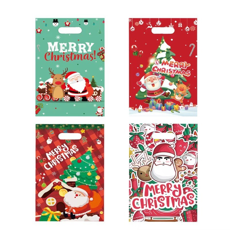 10Pcs Christmas Gift Bags Christmas Candy Cookie Bags Santa Claus Plastic Pouch Kids Xmas Packaging