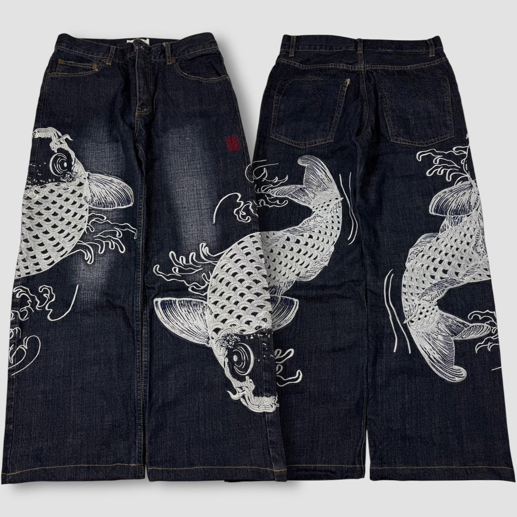 Fashion New Unisex Loose Fit Wide Leg Jeans Japanese Koi Fish Printed Classic Washed Denim Hip Hop