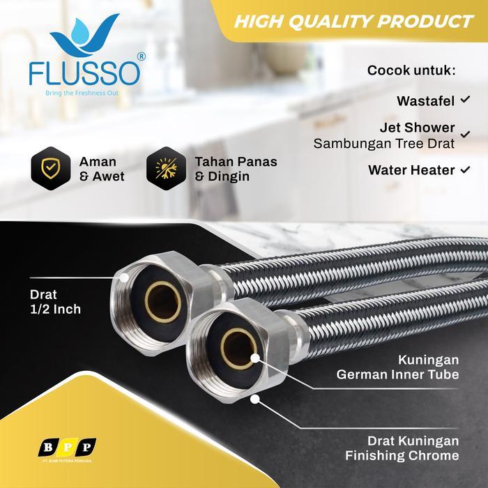 Selang Anyam Fleksibel Hitam Sambungan Air Water Heater Drat 1/2 Kuningan FLUSSO Selang Air Panas &