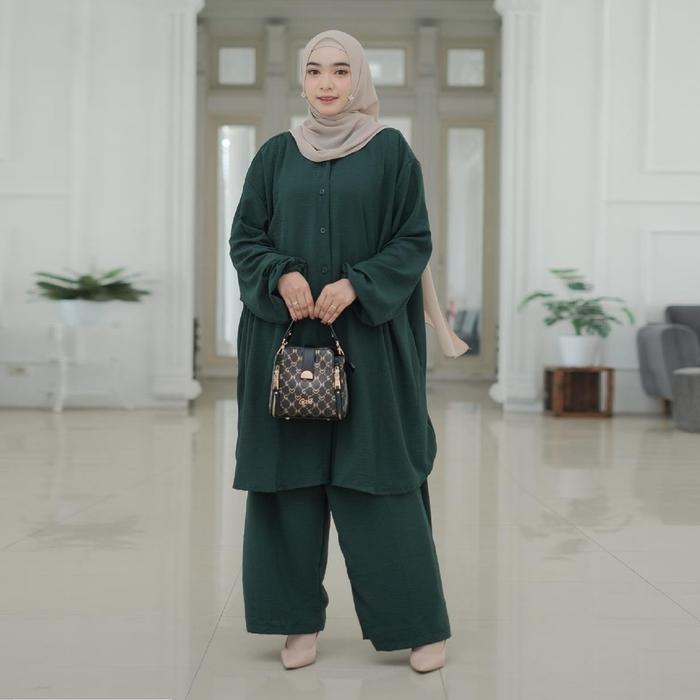 Ve One Set - Ld 130 150 Setelan Tunik Super Jumbo Crinkle Airflow Premium Mewah Muslim Celana
