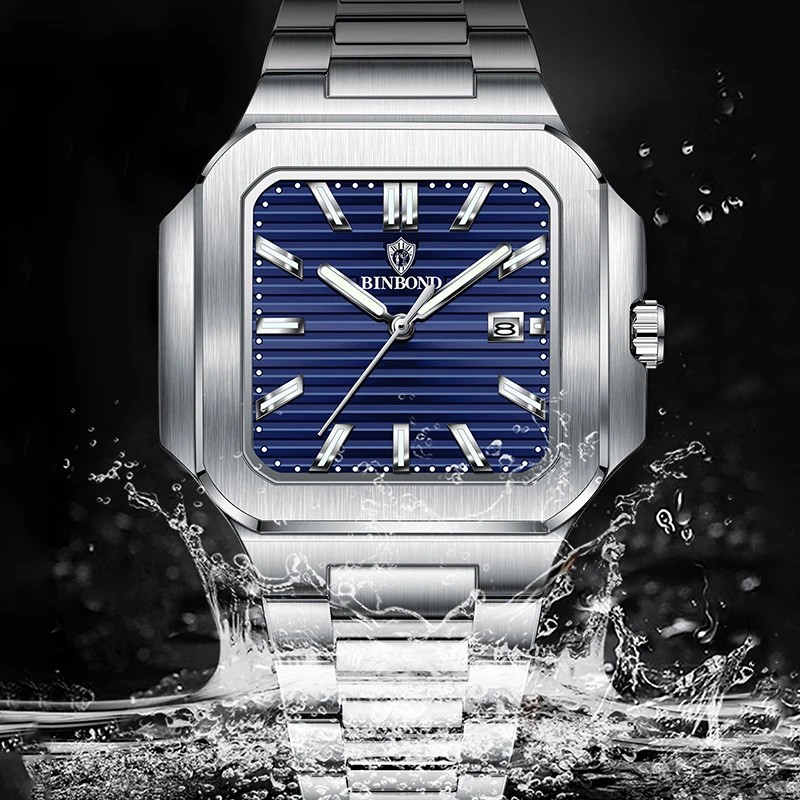 BINBOND Brand Luxury Classic Square Sport Man Wristwatch Waterproof Luminous Quartz Male Watches