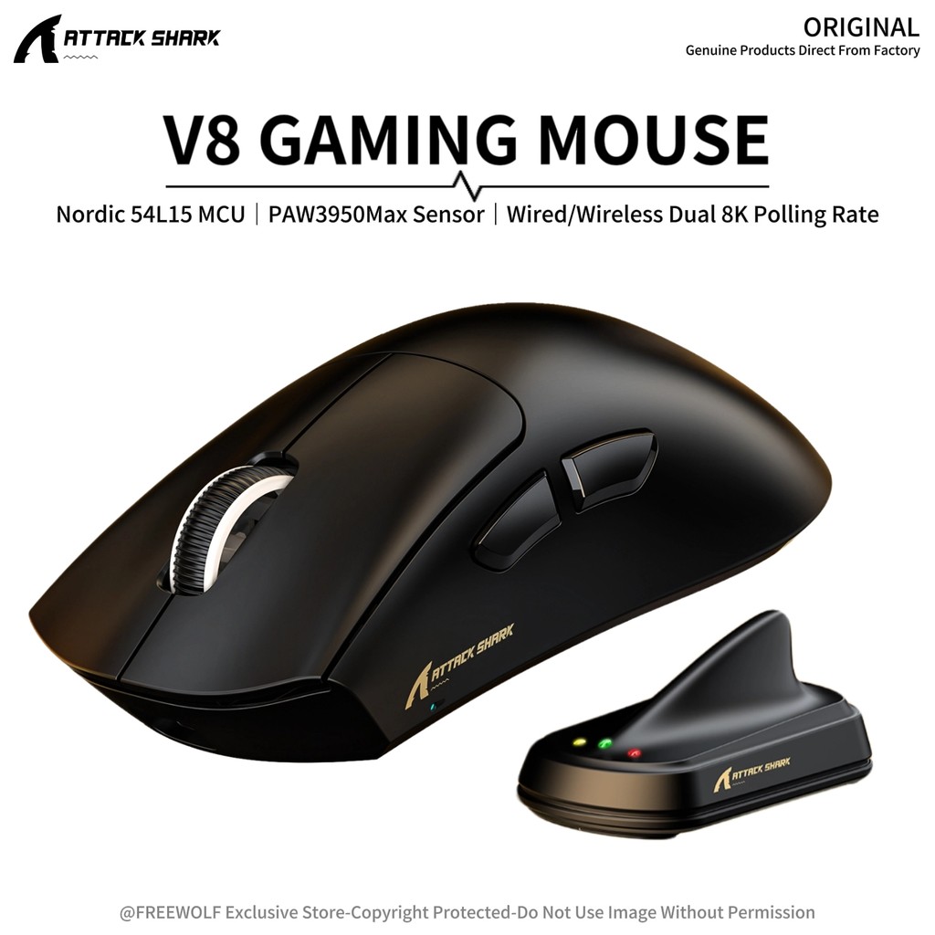 8K Receiver & V8 Wireless Mouse,Attack Shark PAW3950Max Sensor,0.168ms Key Delay and Golden Right
