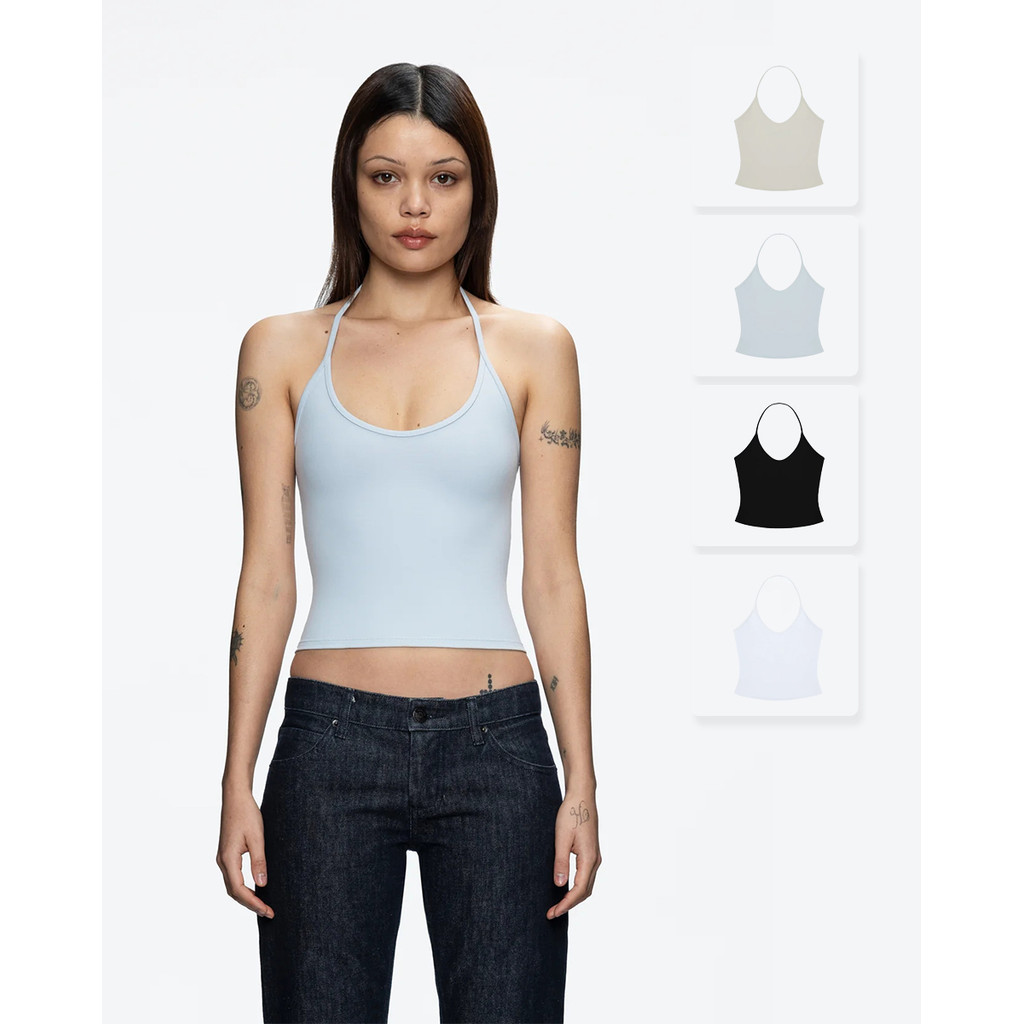 Tank baby blue thin string necklace short-sleeved backless top solid color backless top dyed with
