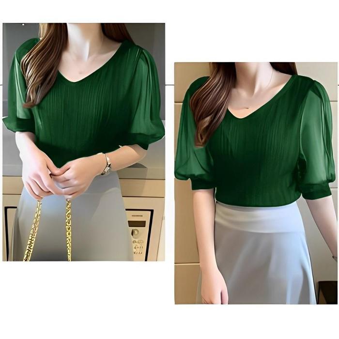 Zero Rajut Store - Blouse Rajut Surplice V-neck Lengan 3/4 Kombinasi Tile Transparan #4427