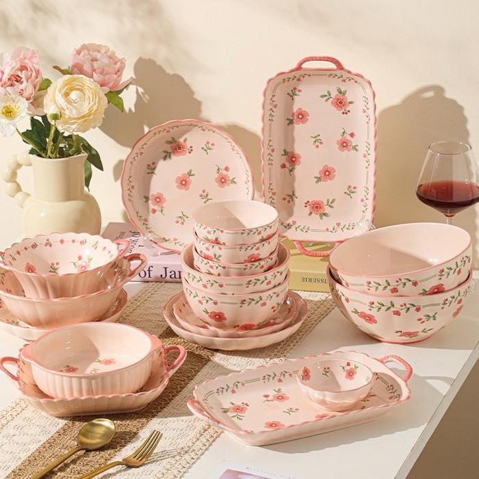 Piring Keramik BLOOM Piring Mangkok Besar Peralatan Makan Keramik Mewah Motif Bunga warna pink merah