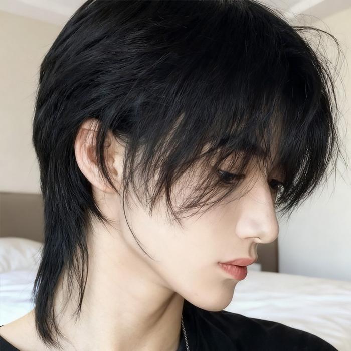 Wig Pria Rambut Palsu Mullet Wig Cosplay Gaya Jepang Wig Ekor Serigala