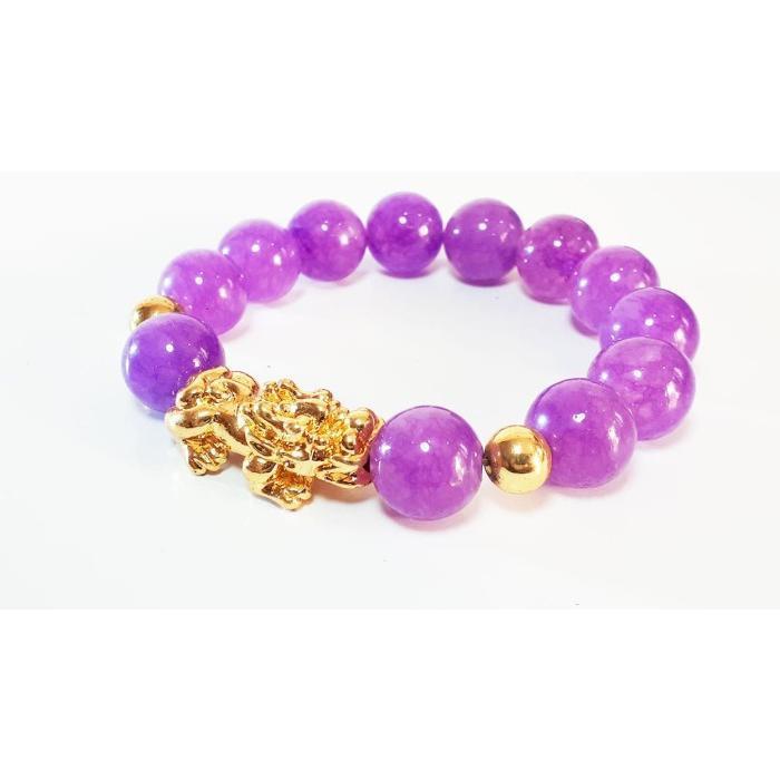HOT SALE VeE Gelang Pria Wanita Batu Giok Ungu Muda 13mm Bandul Naga Pixiu