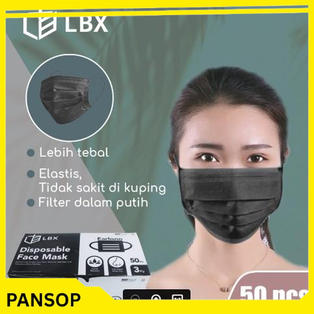 masker premium earloop 3ply 3 ply tebal cantol hitam black isi 50 hitam free ongkir