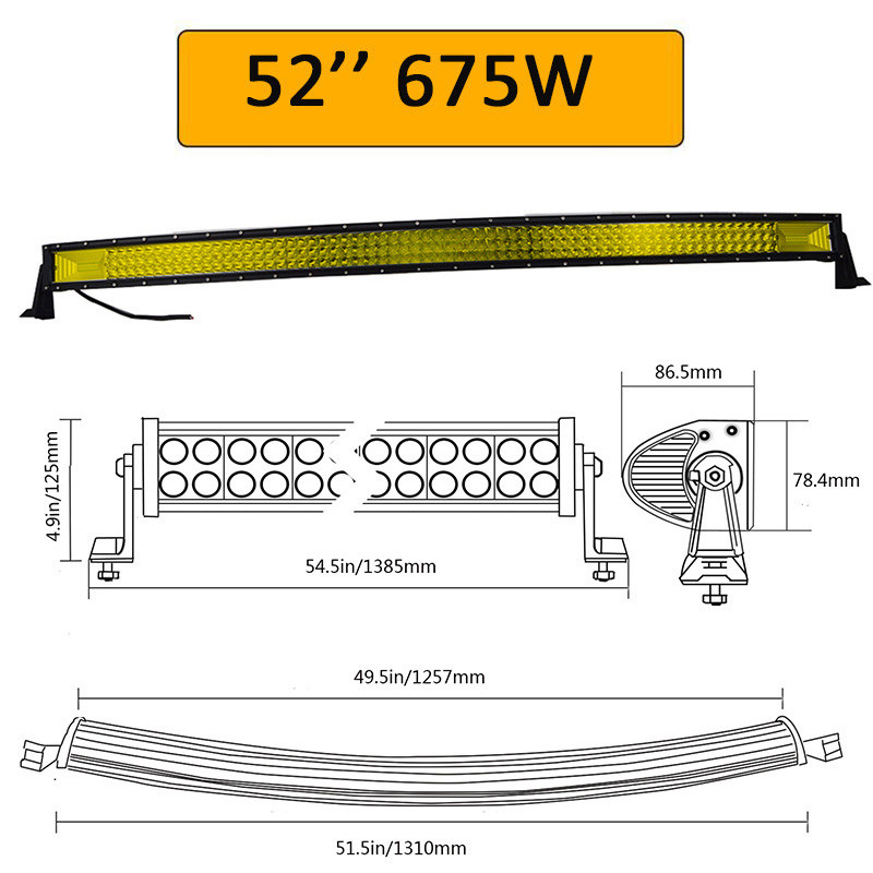 Auxtings 22" 32" 42" 52" Curved Led Light Bar Work Light 7D led bar Yellow 4x4 Truck ATV Car Roof