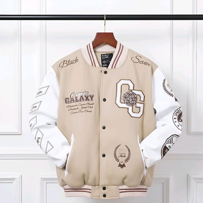sar VARSITY JACKET COSMICS GALAXY CREAM WHITE JAKET BASEBALL BORDIR ORIGINAL UNISEX Fleece Nyaman
