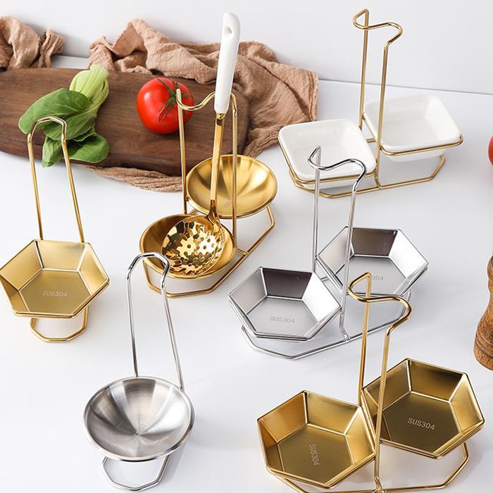 Ladle Soup Holder Stainless Steel Spatula Dengan Mangkuk Keramik Ladle Soup Holder Emas Tempat