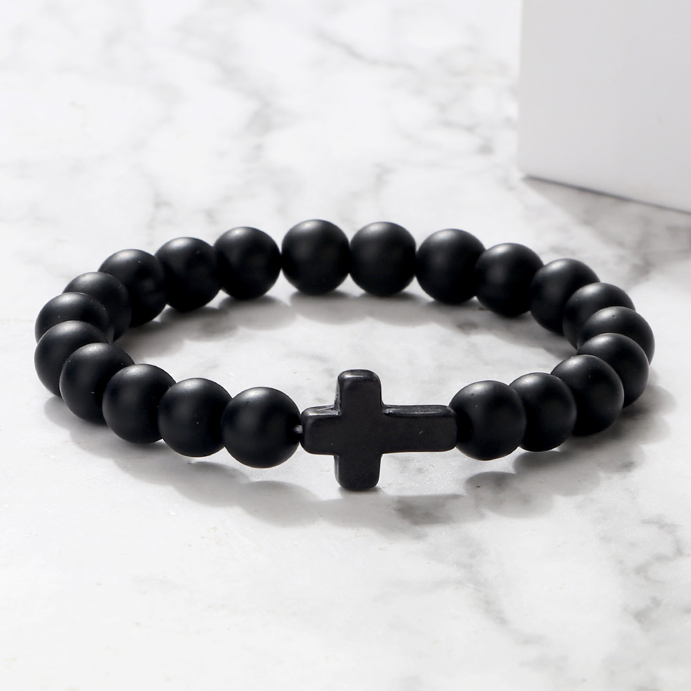 Charm Natural Stone Bracelet Cross Black Lava Matte Beaded Bracelets Handmade Men Women Prayer