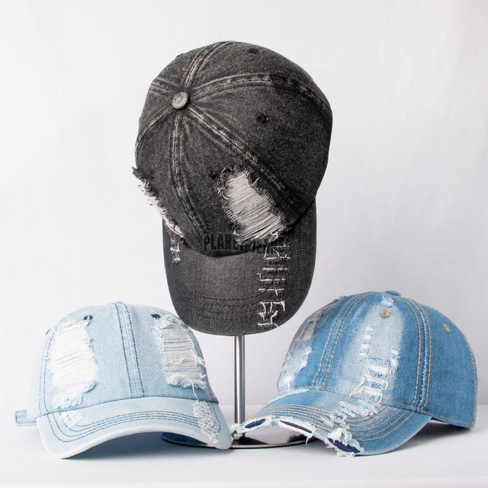 Topi Baseball Denim Ripped Pria Wanita Unisex Aksen Robek - Planet Jeans Bc11