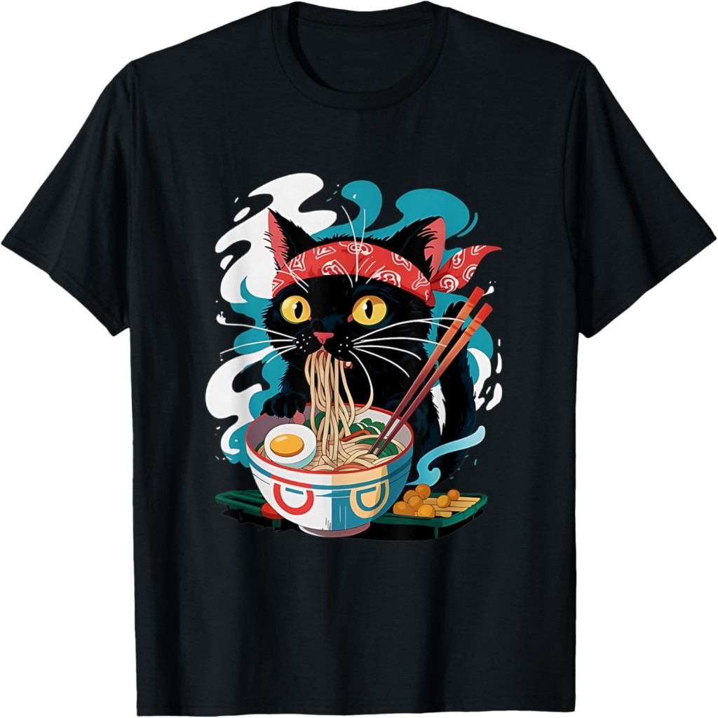 Cute Kawa Cat Eating Ra Japanese Aesthetic T-Shirt