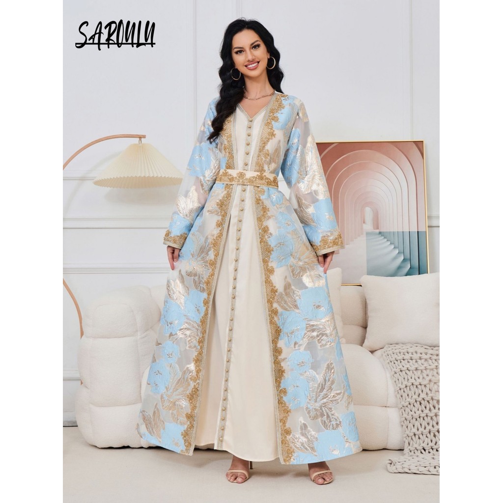 Arabic Lace V Neck Heavy Beaded Women Evening Dress Muslim A-line Delicate Birthday Prom Elegant