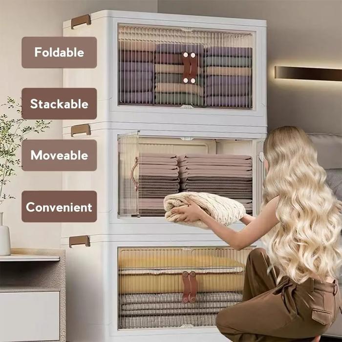 . Folding Plastic Storage Bins With Lids, Stackable Cabinet Organizer