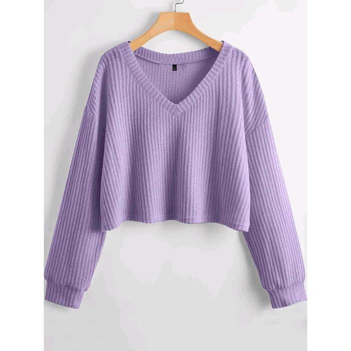 Sweater Crop Top waffle kerah V new arrifal Baju Nyaman Atasan Wanita setengah dada Simple