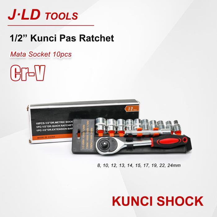 Kunci Shock Set 1/2inch Socket Sok 12pcs CR-V Kunci Sok Wrench kunci Ratchet 8-24mm Mata Sok Set