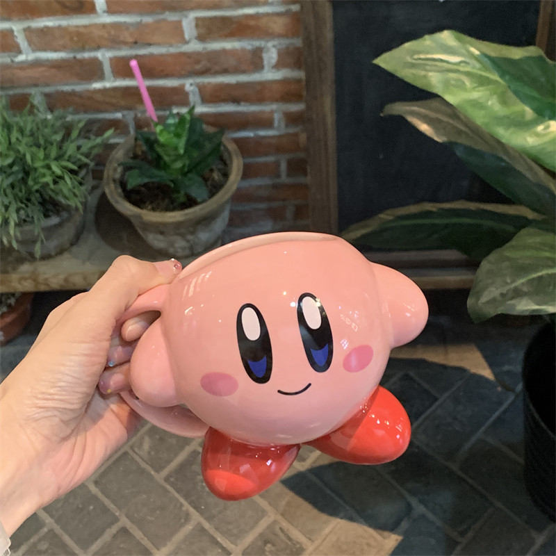 Kirby Mug Anime Ceramic Cup Kawaii High-Capacity Coffee Cup with Lid&Handle Drinkware Reusable
