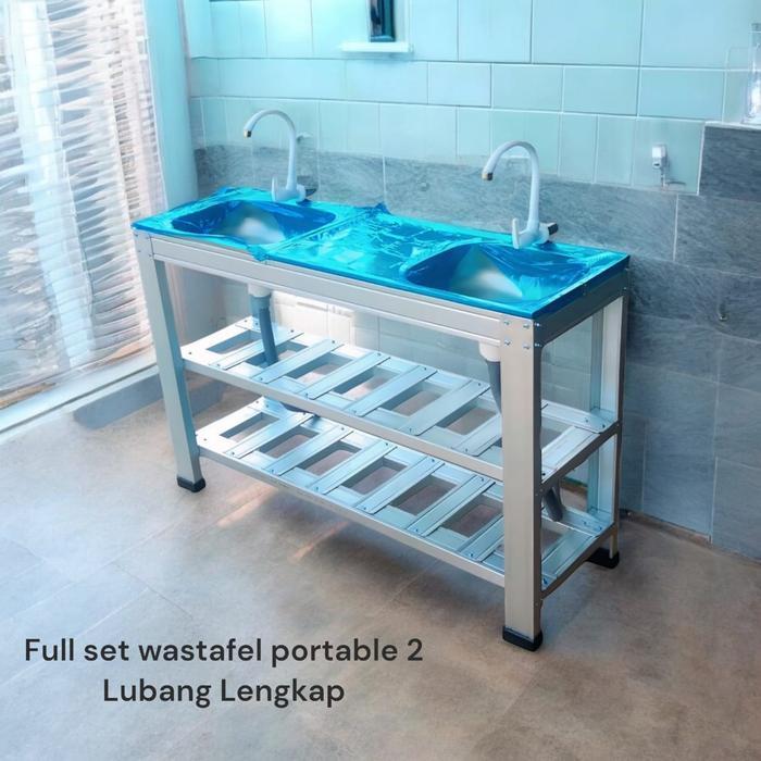 WASTAFEL 2 LUBANG PORTABLE STAINLES ELEGAN, Bak Cuci Piring Rangka Baja, Wastafel Bongkar Pasang
