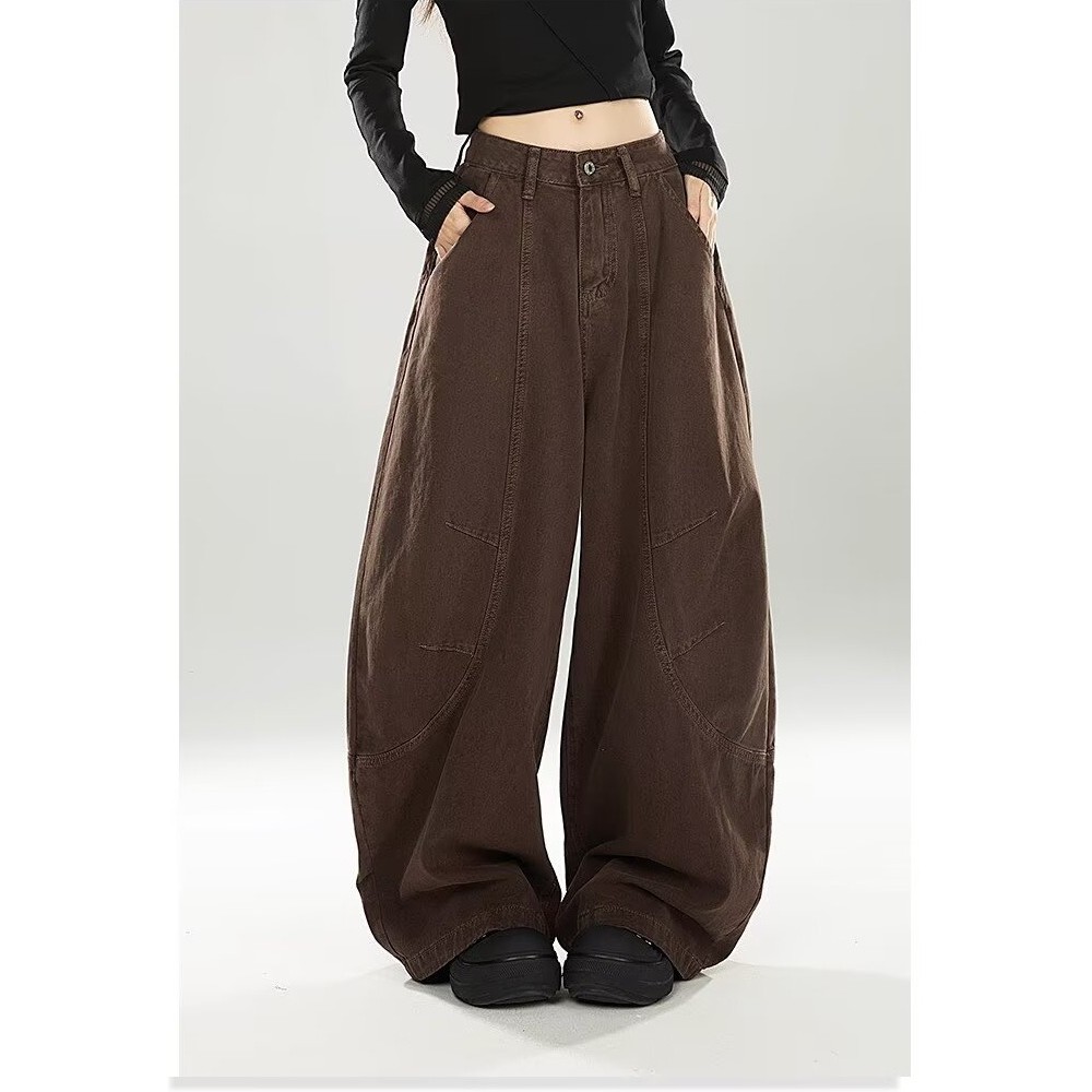 2025 Japanese Y2K Style Vintage Brown Patchwork Baggy Women's Jeans Pants Wide Leg Woman Clothing