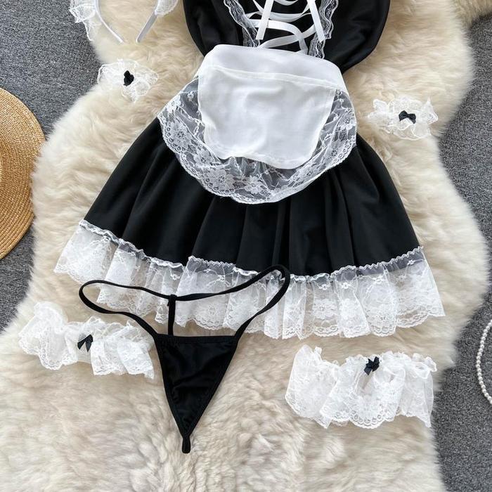 5654HGY Lingerie Sexy Premium Lengkap Model Cosplay Pelayan Renda Hitam Putih Rok Mini Ketat Baju