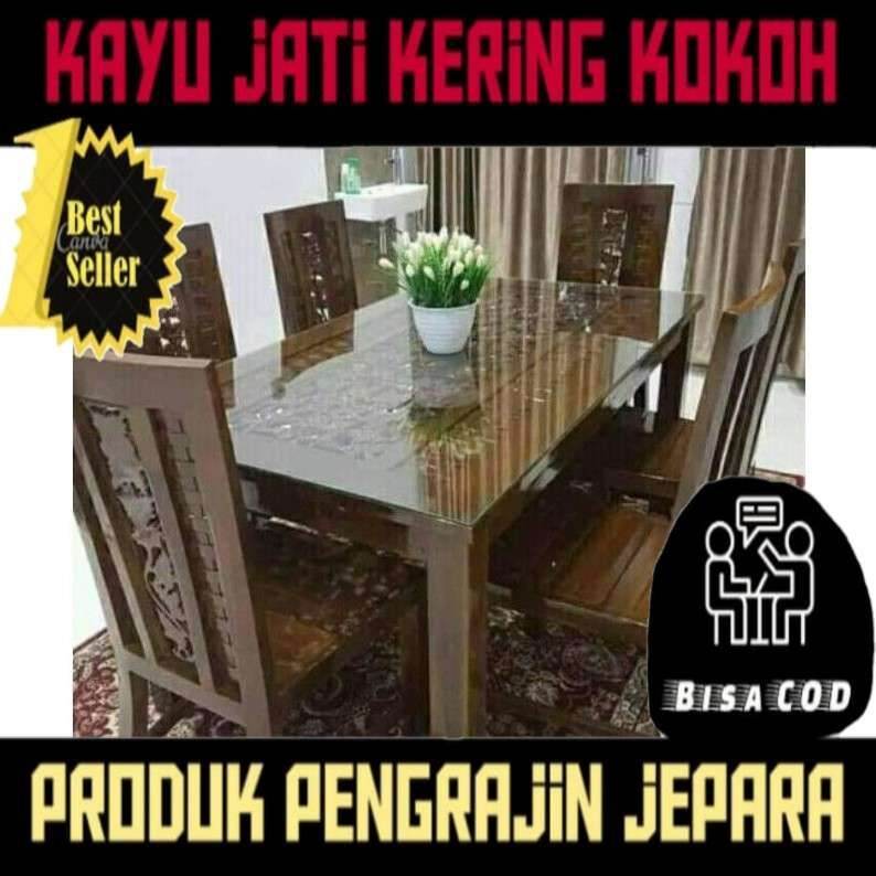 Meja makan 6 kursi jati dan kaca motif gedek