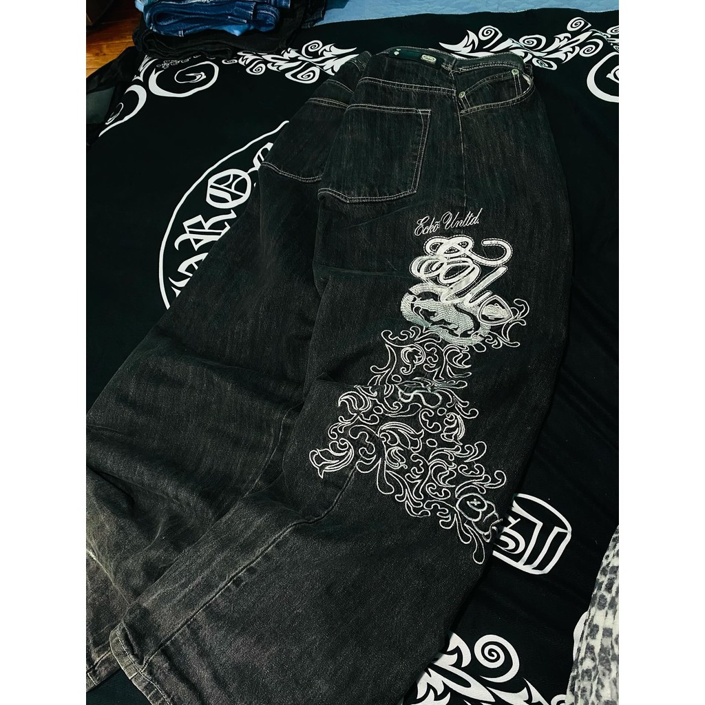 Ecko Unltd Y2K Gothic Baggy Jeans, Vintage Embroidered Wide Leg Denim Pants, Streetwear Aesthetic