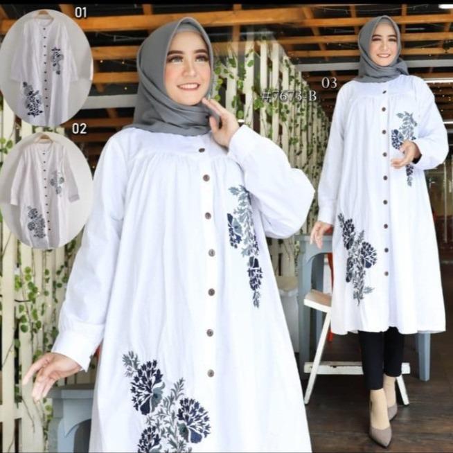 Long Tunik Putih Jumbo Ld 130 Cm Model Bordir Kekinian - Nora Tunik