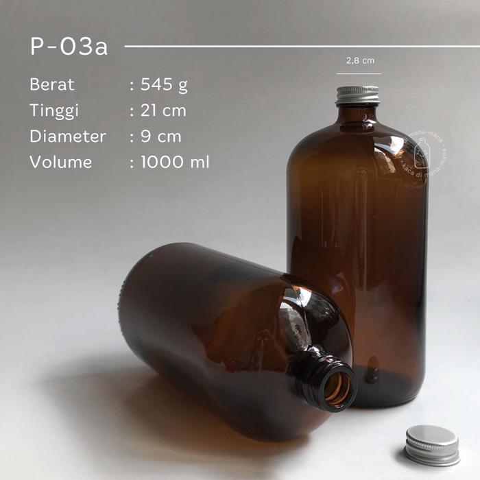 "New" Botol kaca 1000ml amber - botol juice kopi - Boston Round