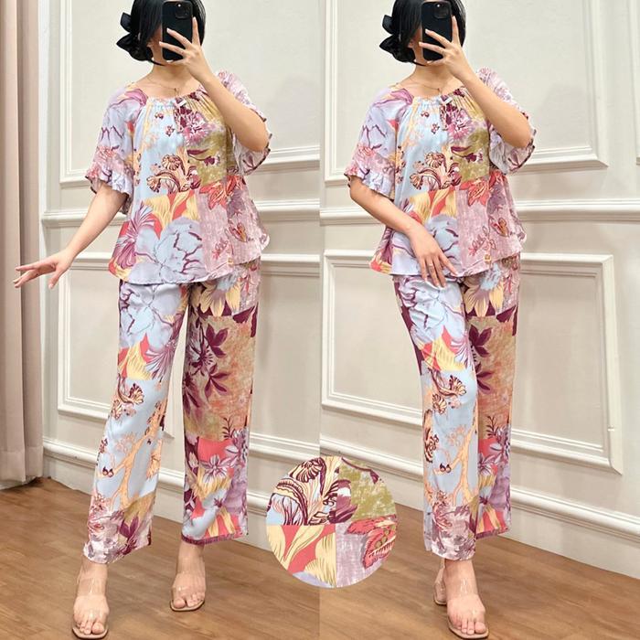 "New" Amariel Julia OneSet Piyama Setelan Atasan Baju Celana Panjang Tidur Nyaman Adem Ruffle
