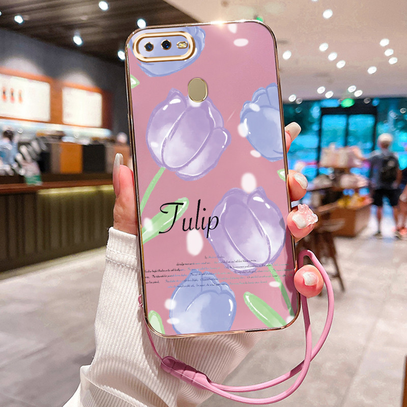 Casing Hp Untuk OPPO A7 A5s A12 A12s A11k Case Ungu Tulip Pink Kekinian Penyepuhan Cesing silikon Ka