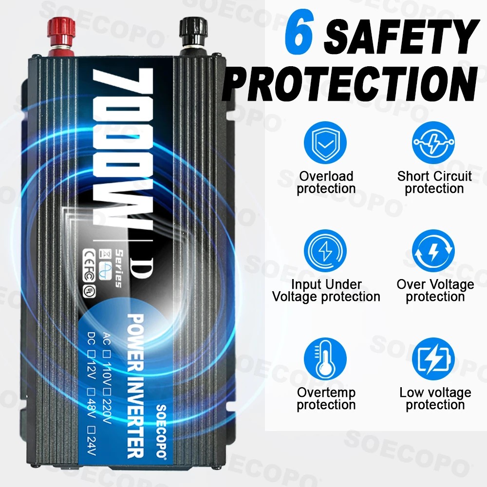 SOECOPO 7000W Power Inverter, 12V 24V 48V to 110V/220V Car Voltage Converter, Power Adapter for Car