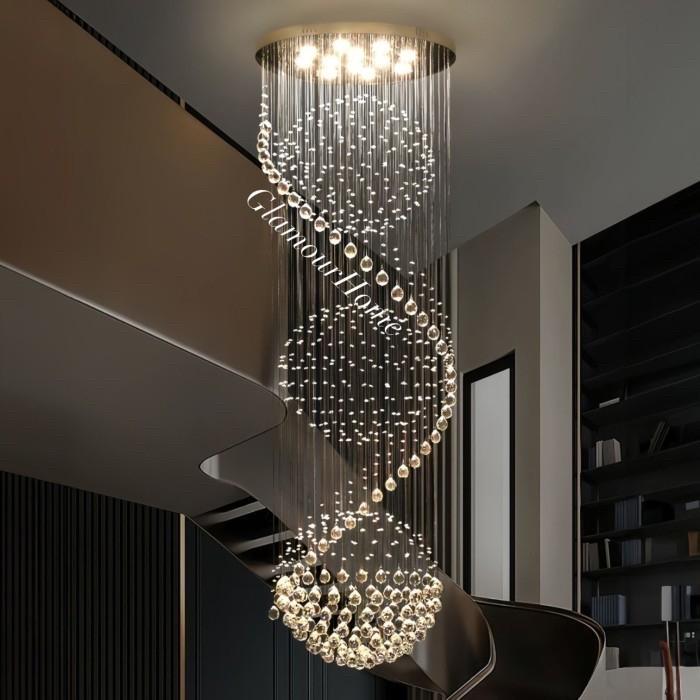 Lampu Gantung Void Kristal LED Spiral / Lampu Plafon Tangga Kristal IS
