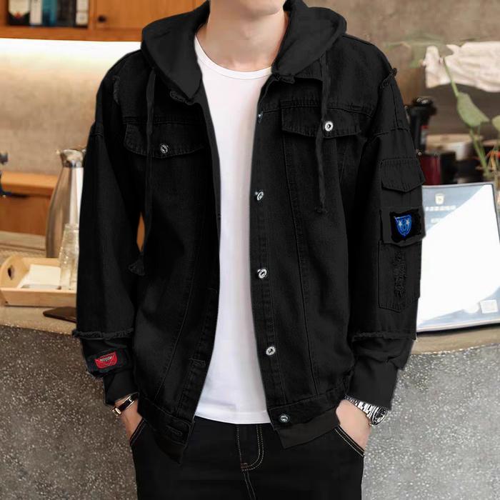 JAKET JEANS KOREAN STYLE LOTTO BLACK Denim motif sobek Kantong Pria Panjang Casual Hitam Blazer