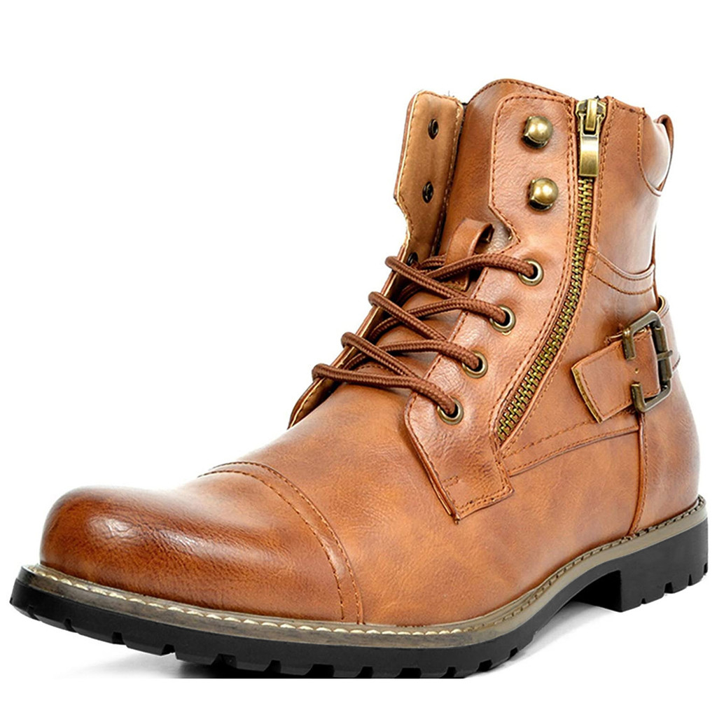 Men's Motorcycle Boots Fashion PU Short Boots Rider Metal Double Zipper Rider Boot Leather Boot