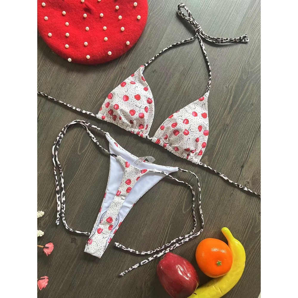 Swimwear Women Cute Cherry Print Brazilian Thong Bikini Set Sexy Thong Swimsuit Two Pieces Bathing