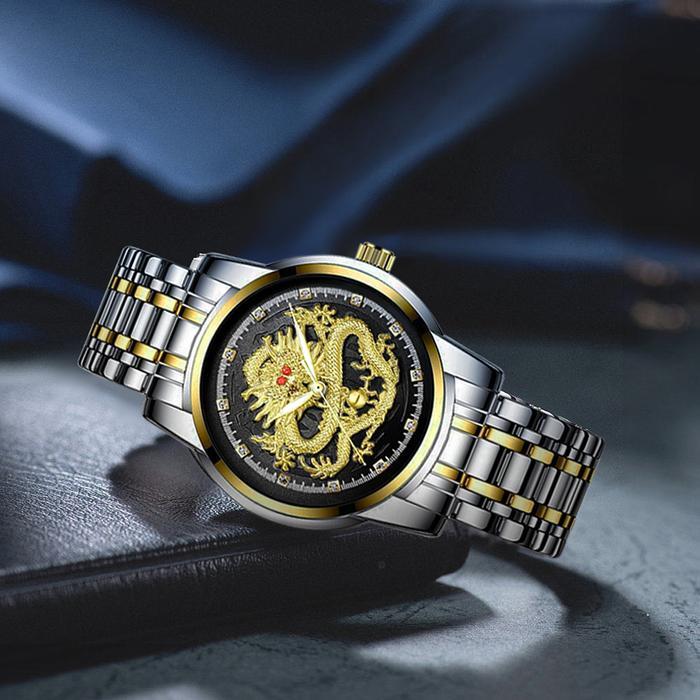 Sunlifex Jam Tangan Pria Naga Emas Stainless Steel Dragon Gold Quartz