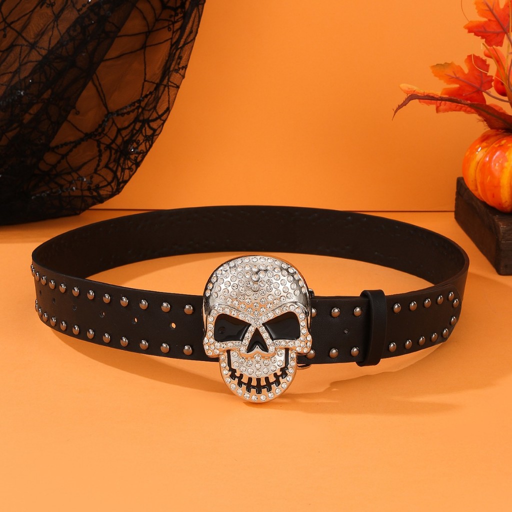 Y5GC Fashion Rivet Studded Belt for Pants Jeans Rhinestones Studded Skull Buckle Belt Women Men