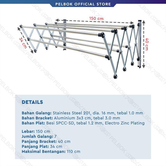 Pelbok Jemuran Baju Dinding Lipat 200 Cm Stainless Anti Karat 2 Meter Pasti Promo
