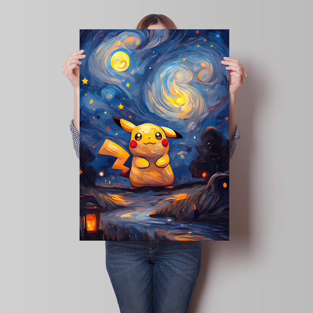 Van Gogh - Style Pokemon Decorative Paintings - Pikachu Gengar In Starry Night Art Unique Wall Art