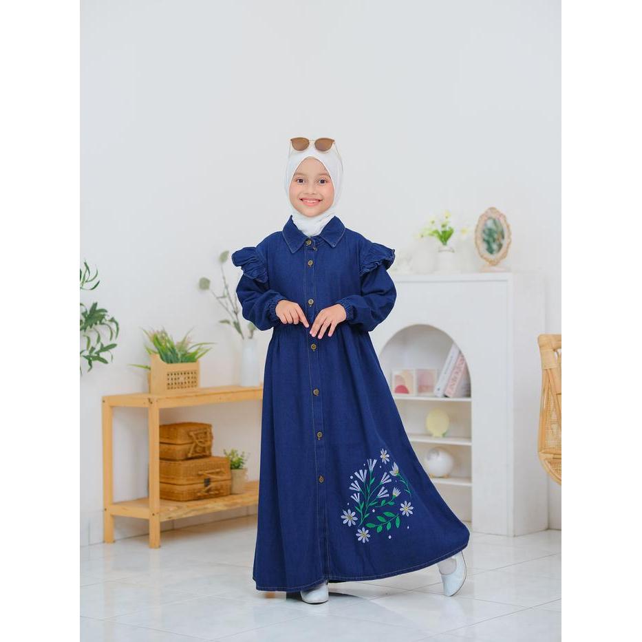 TERLARIS Gamis Denim Bordir Jeans Long Dress Untuk Anak Perempuan Usia 4 Sampai 12 Tahun QilBeeKids