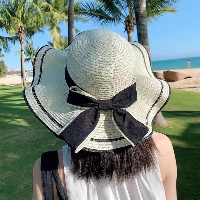 Topi Pantai Wanita Gelombang Topi Bundar Aksen Pita Cantik / Topi anti Uv / Topi Pantai Pita / Topi